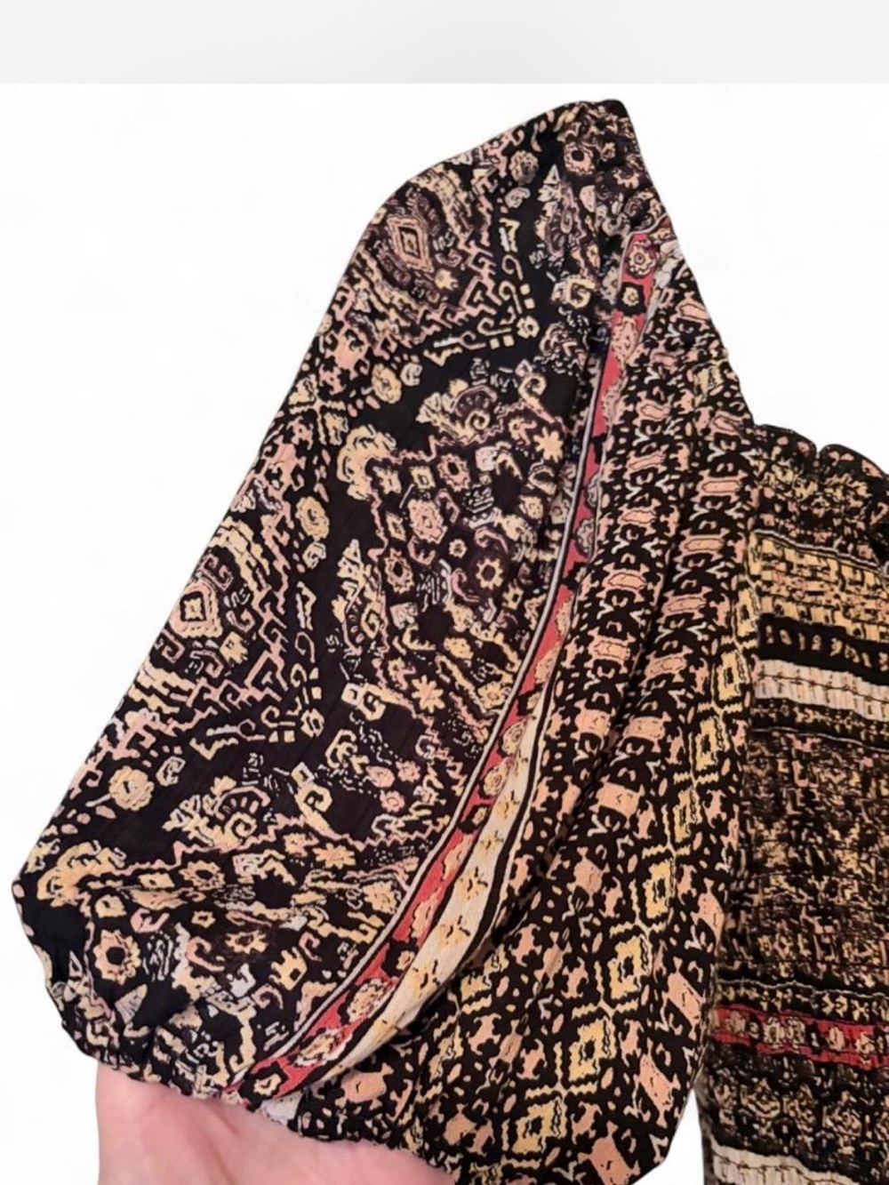 Smocked Square-Neck Peasant Top in Brown & cream paisley & floral print. - Picture 4 of 8